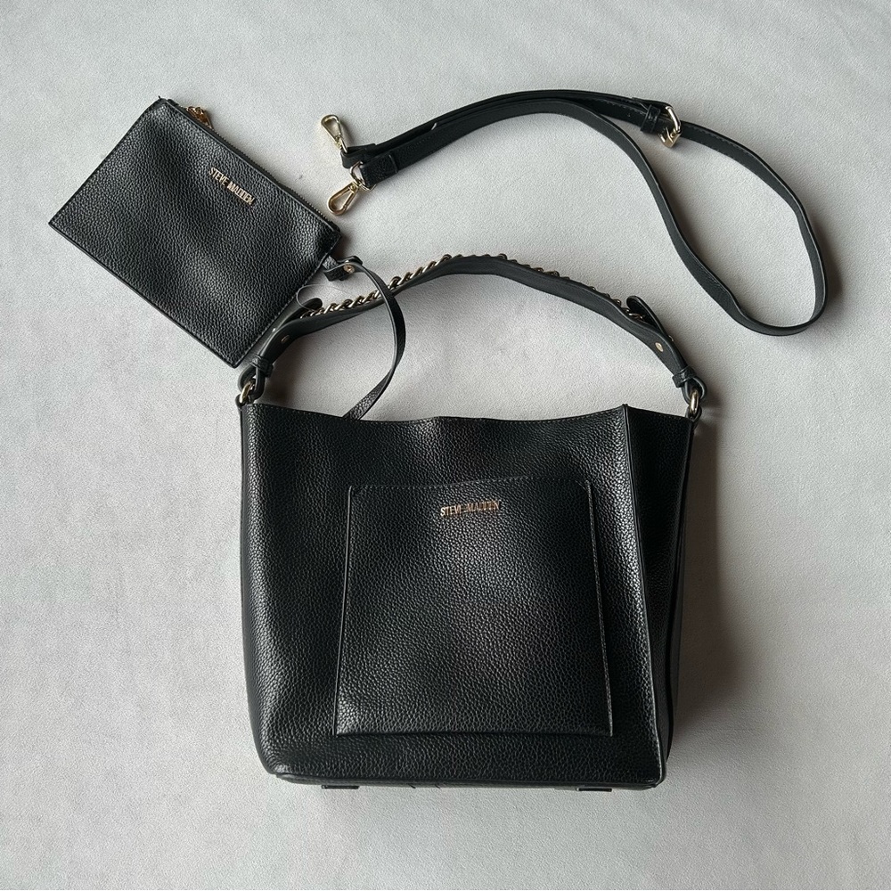 Steve Madden ~ Shoulder Bag Convertible Strap Zip Pouch ~ Black Faux Leather